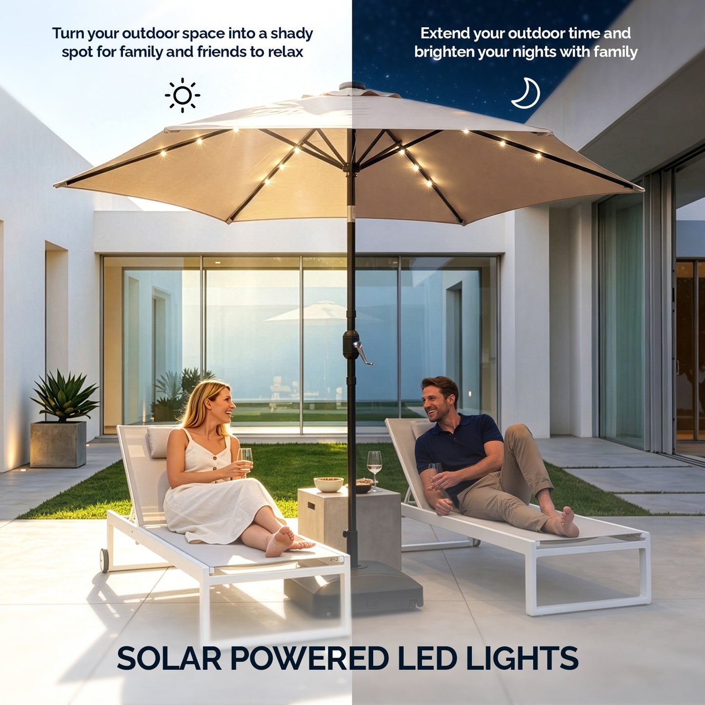 9ft Solar LED Patio Umbrella, 6-Rib Waterproof Outdoor Market Umbrella With Push Button Tilt & Crank, Sun Shade For Garden Pool Deck, Beige