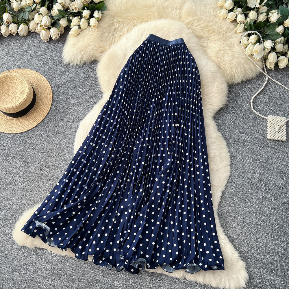 Korean-style Mid-length Polka-dot Pleated Skirt Elegant Midi Skirt