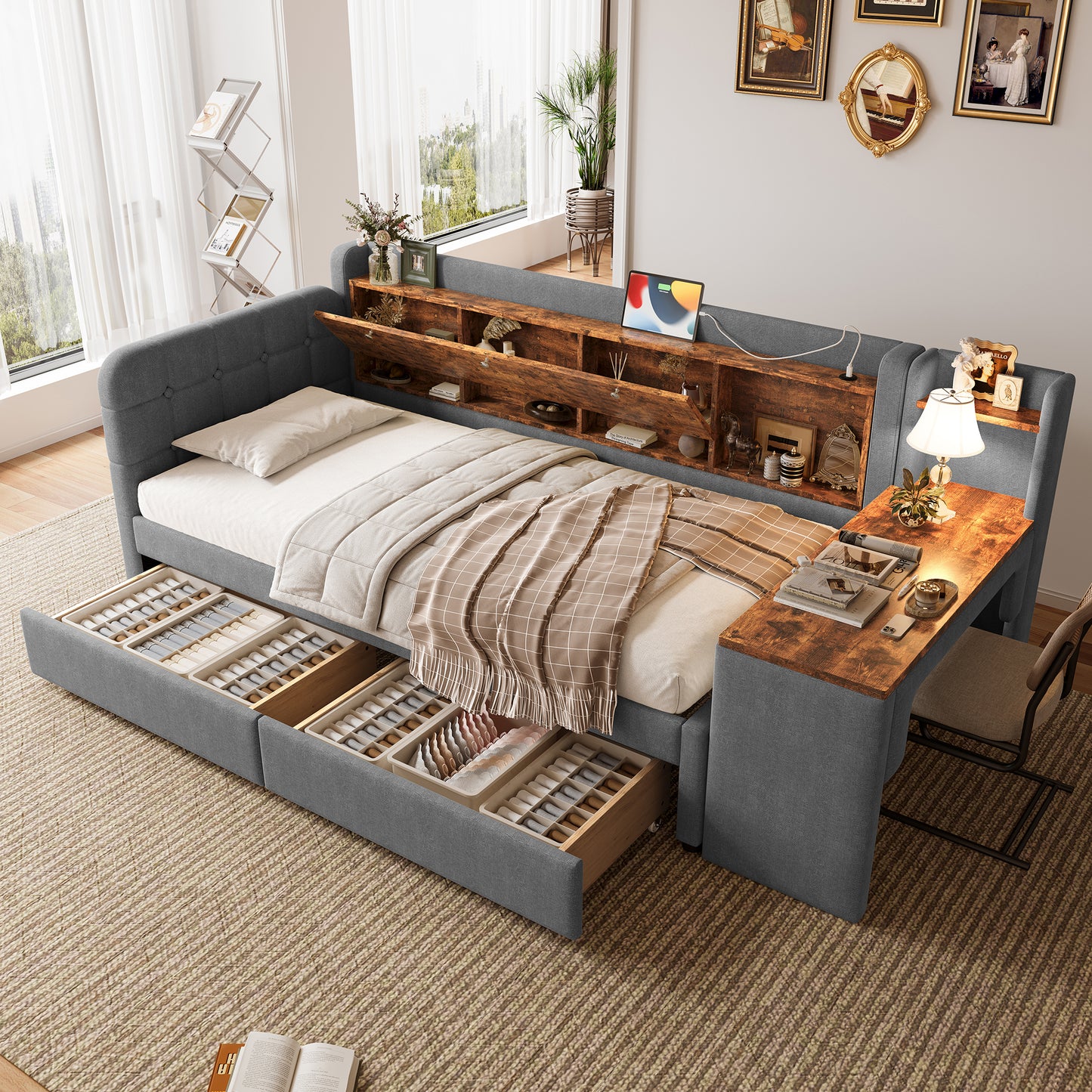 Daybed Daybed, Sofa Bed, With 2 Drawers, Desk, USB  Type C, Flip-top Storage Compartment, Storage Compartment, Bed With Slatted Base Without Mattress, Linen, Grey