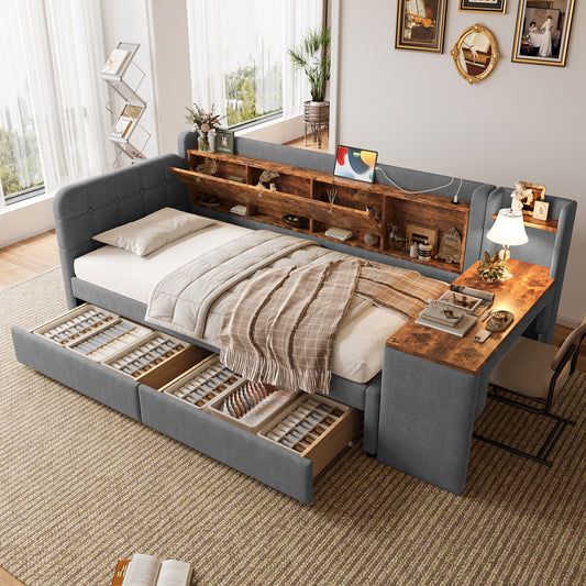 Daybed Daybed, Sofa Bed, With 2 Drawers, Desk, USB  Type C, Flip-top Storage Compartment, Storage Compartment, Bed With Slatted Base Without Mattress, Linen, Grey