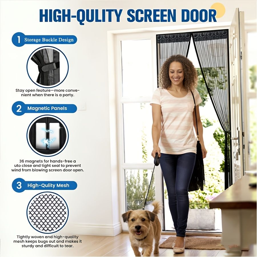 1pc Magnetic Screen Door, Mosquito And Fly Proof Door Curtain, Easy To Install, Top Lace Design & Storage, Pet Friendly, Suitable For Living Room, Bedroom, Balcony, Front Door, Garage, Partition, Priv