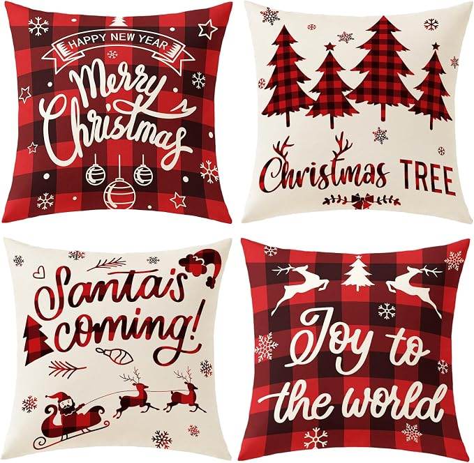 4 Pcs Plaid Christmas Pillow Covers 18x18, Red Black Buffalo Check Farmhouse Cushion Cases For Sofa, Couch, Bed And Chair