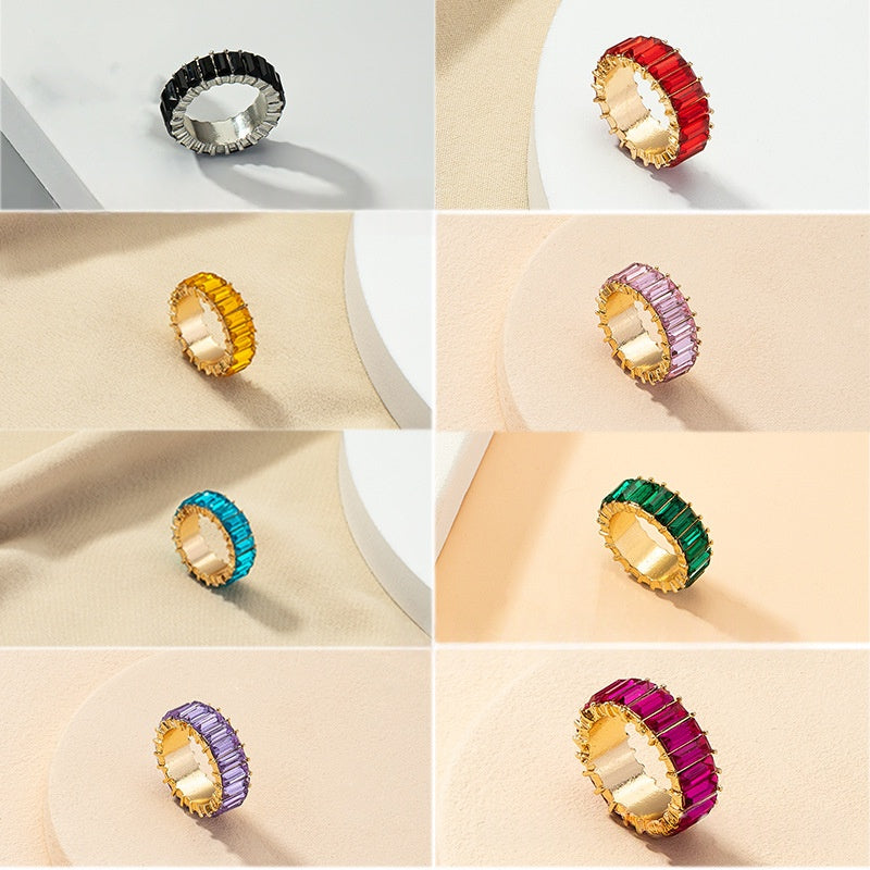 New European And American-style Colorful Crystal Ring With A Gold-plated Base