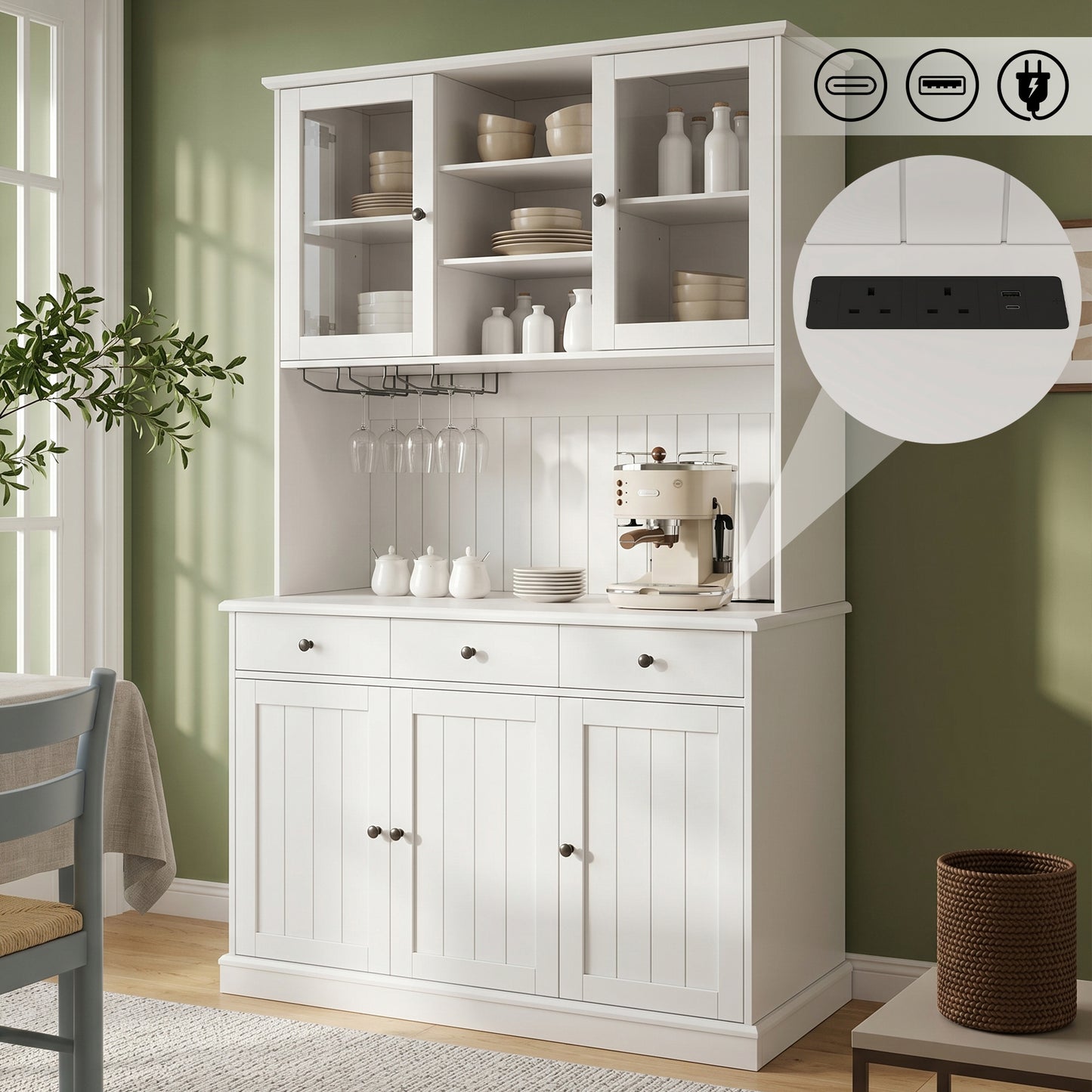 Kitchen Cabinets   120 X 40 X 191 Cm  , Tall Kitchen Cabinets, Sideboards,  Features Include A Power Outlet   2 Power Outlets  USB-A  USB-C   And A Wine Glass Holder, Adjustable Shelves,  White