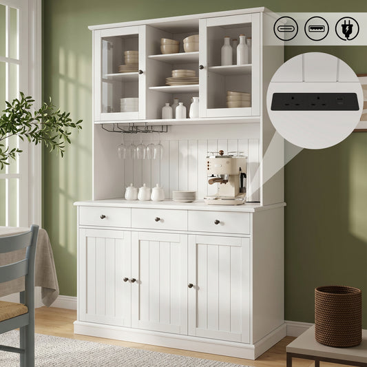Kitchen Cabinets   120 X 40 X 191 Cm  , Tall Kitchen Cabinets, Sideboards,  Features Include A Power Outlet   2 Power Outlets  USB-A  USB-C   And A Wine Glass Holder, Adjustable Shelves,  White