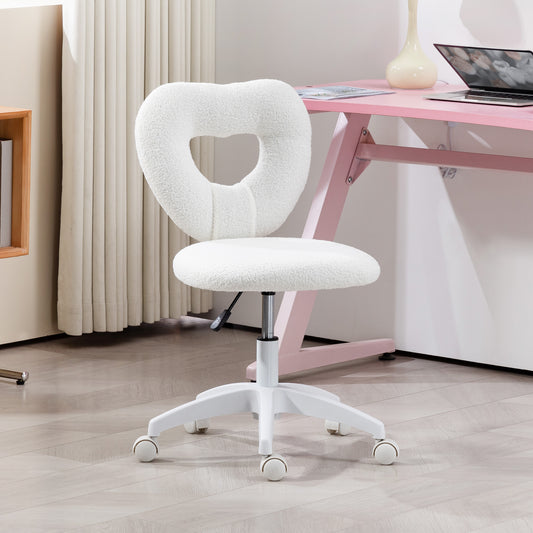 Armless Computer Desk Chair, Office Task Chair, Teddy Fleece Heart Makeup Vanity Chair with Swivel Wheels, White
