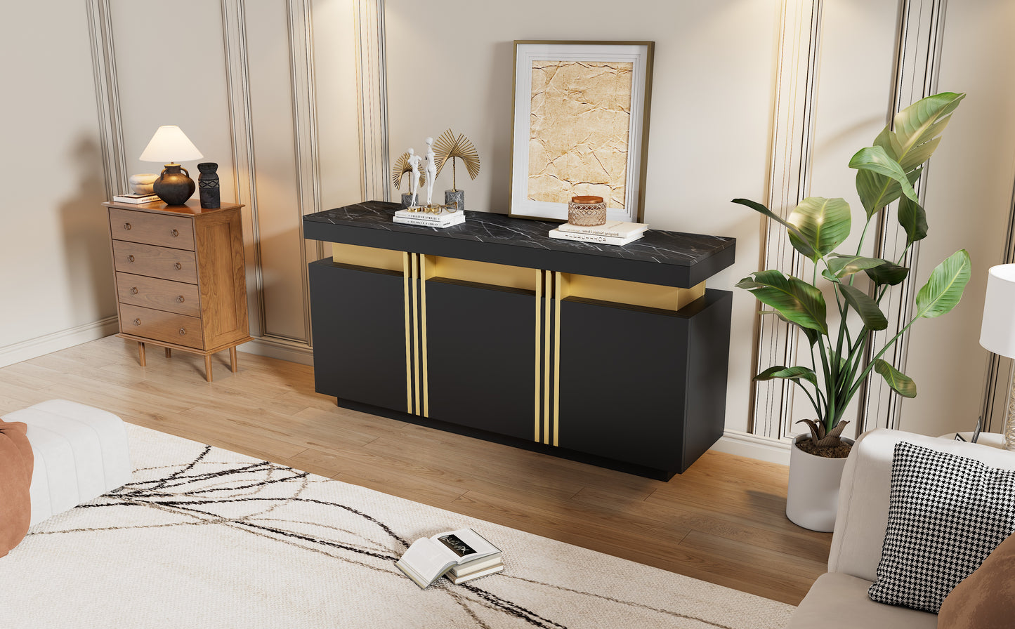 Modern Black & Gold Buffet Cabinet, 55'' Sideboard With Faux Marble Top, Luxury Storage Credenza With 3 Doors & Adjustable Shelves For Kitchen, Dining Room, Living Room, Entryway