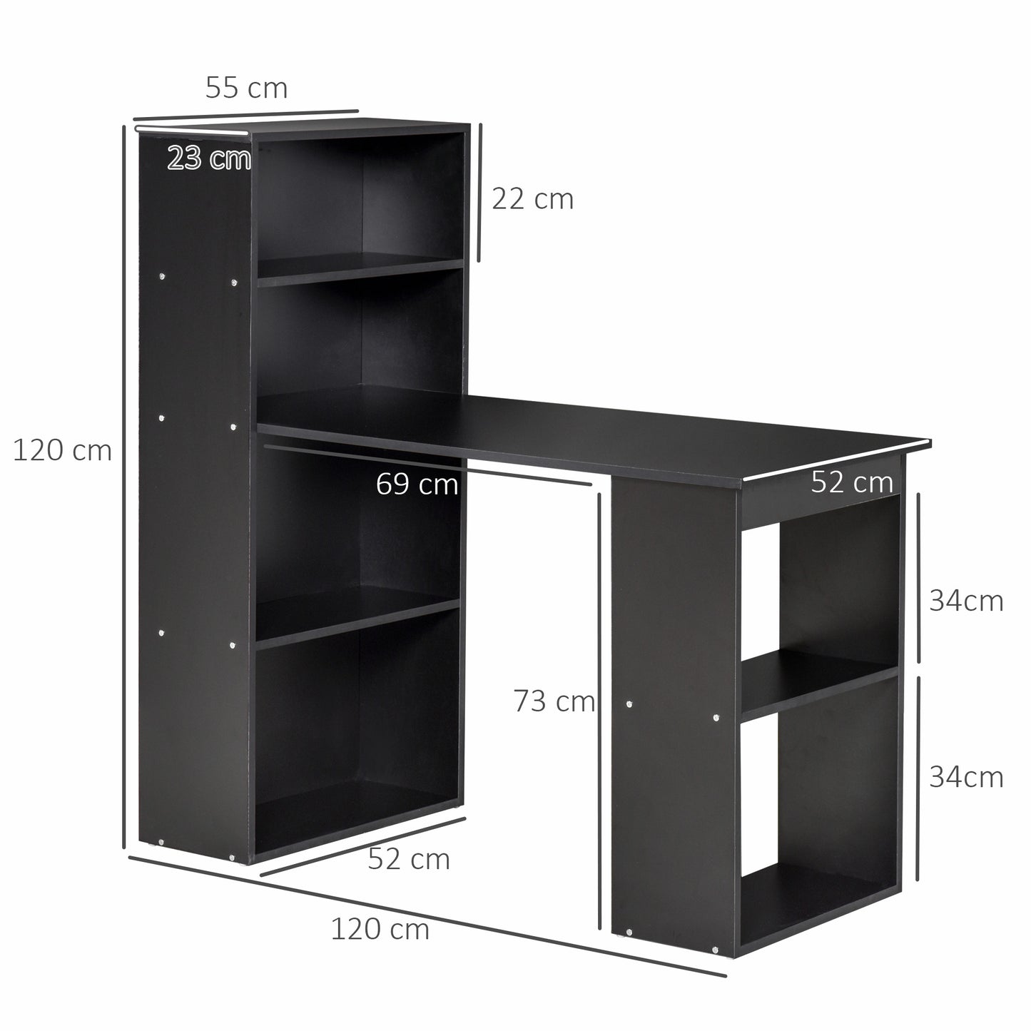 120cm Computer Desk, Wooden PC Laptop Table With 6-Tier Storage Bookshelves, Home Office Working Study Desk, Writing Workstation, Black