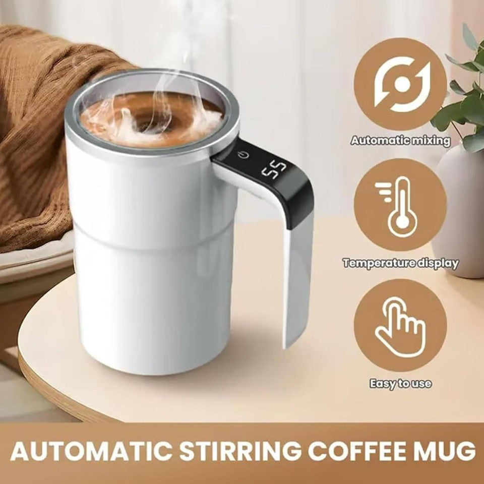 Digital Self Stirring Coffee Mug Auto Mixing Milk Tea Cup Magnetic Rechargeable White