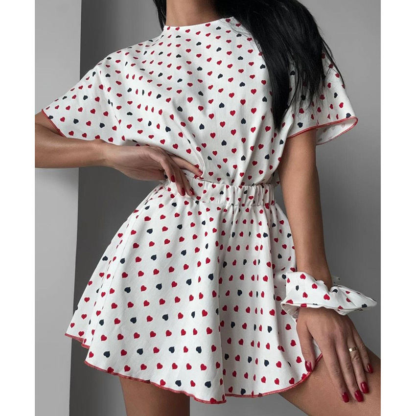 Loose-fitting Casual Home Wear Short-Sleeve Top And Shorts Set With Hair Tie 3 Pieces