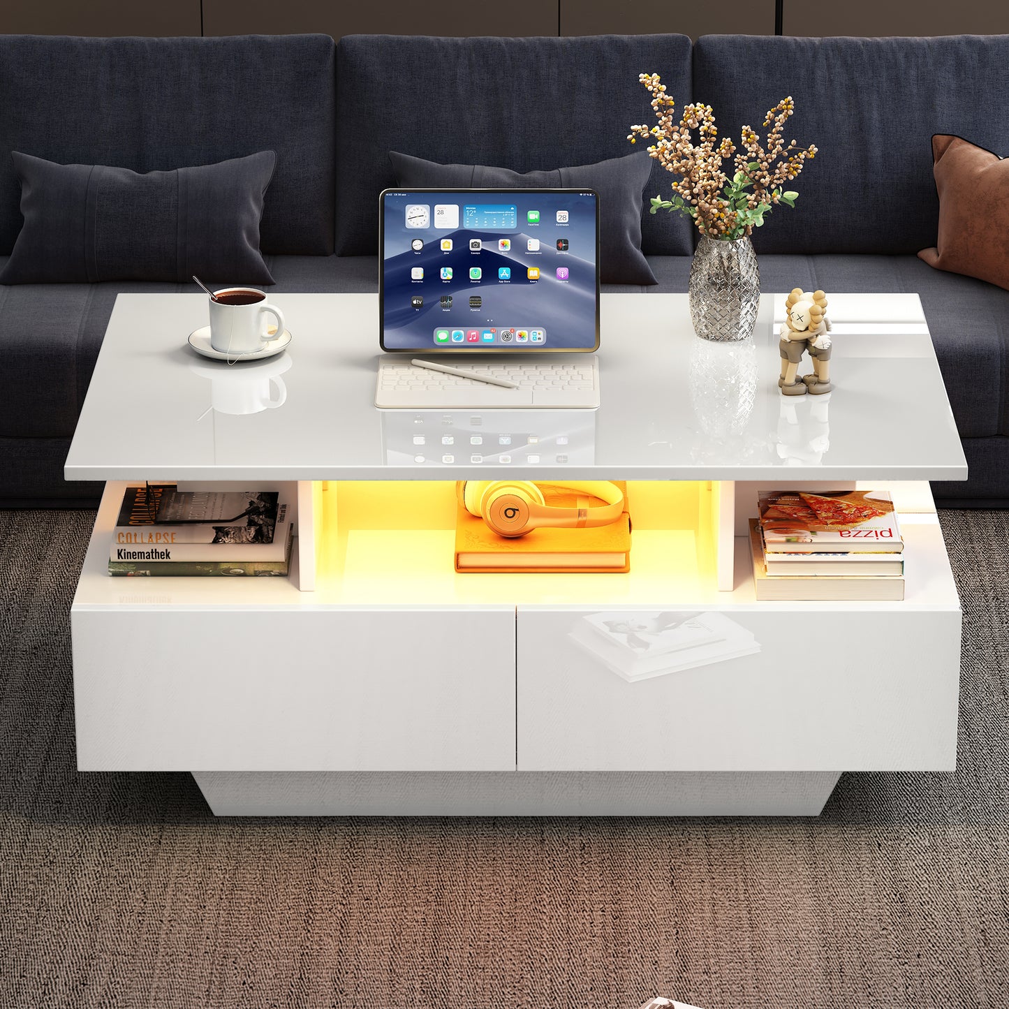 Modern High-gloss Coffee Table With LED Lighting And 2 Drawers  Stylish 90x55x41 Cm Side Table With Storage Space, Load Capacity Up To 30 Kg