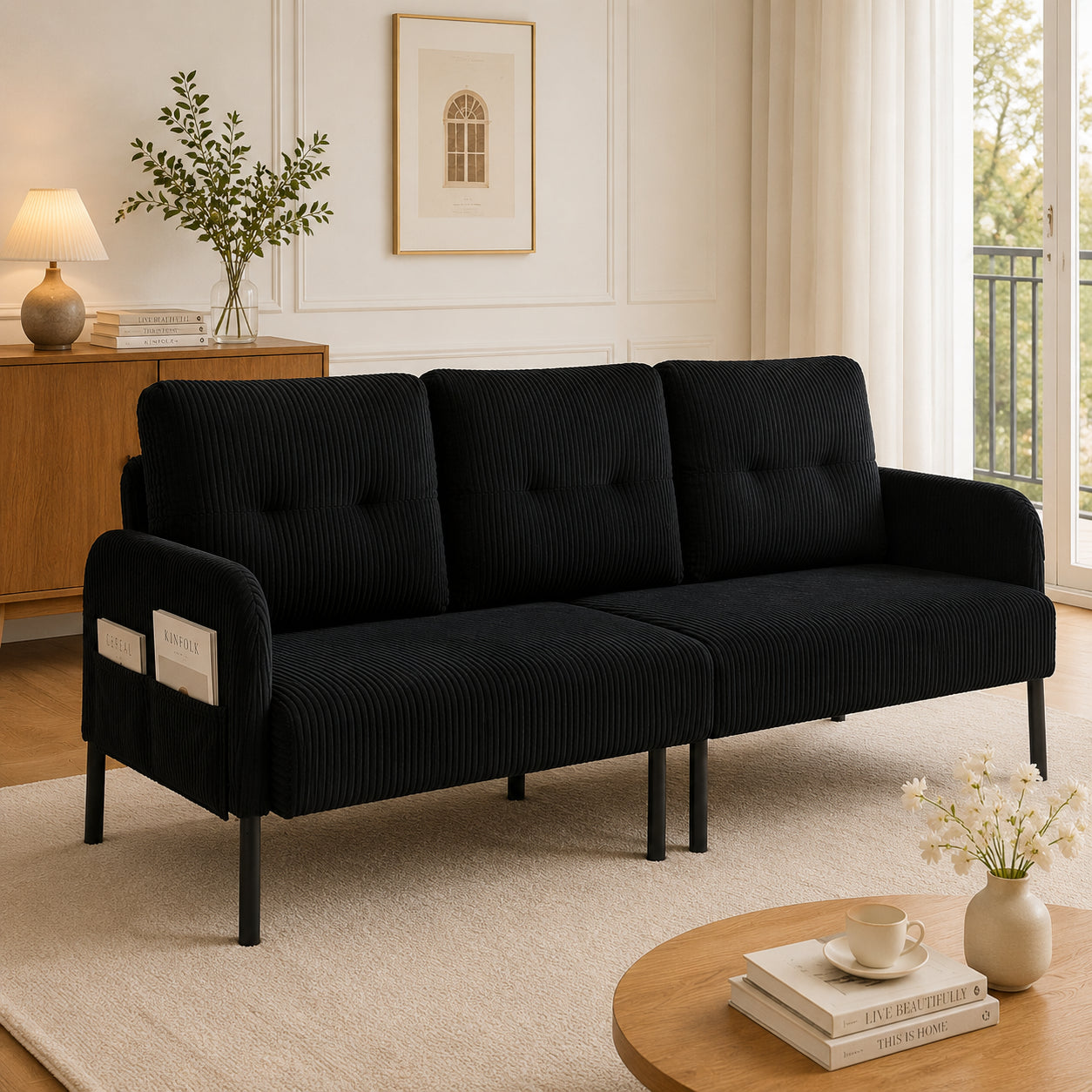 Corduroy Three-seater With Soft Comfort Upholstery, High Backrest And Practical Side Pockets. Sturdy Metal Feet And Sturdy Construction. Versatile For Living Room, Bedroom Or Home Office.