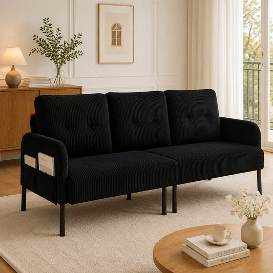 Corduroy Three-seater With Soft Comfort Upholstery, High Backrest And Practical Side Pockets. Sturdy Metal Feet And Sturdy Construction. Versatile For Living Room, Bedroom Or Home Office.