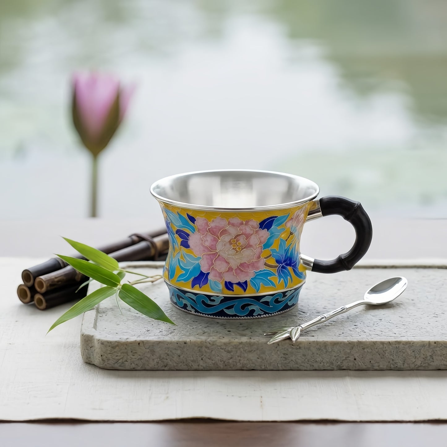Pure 999 Fine Silver Elegant Cloisonné Peony Tea Cup with Bamboo Style Handle and Silver Lining - Handicraft