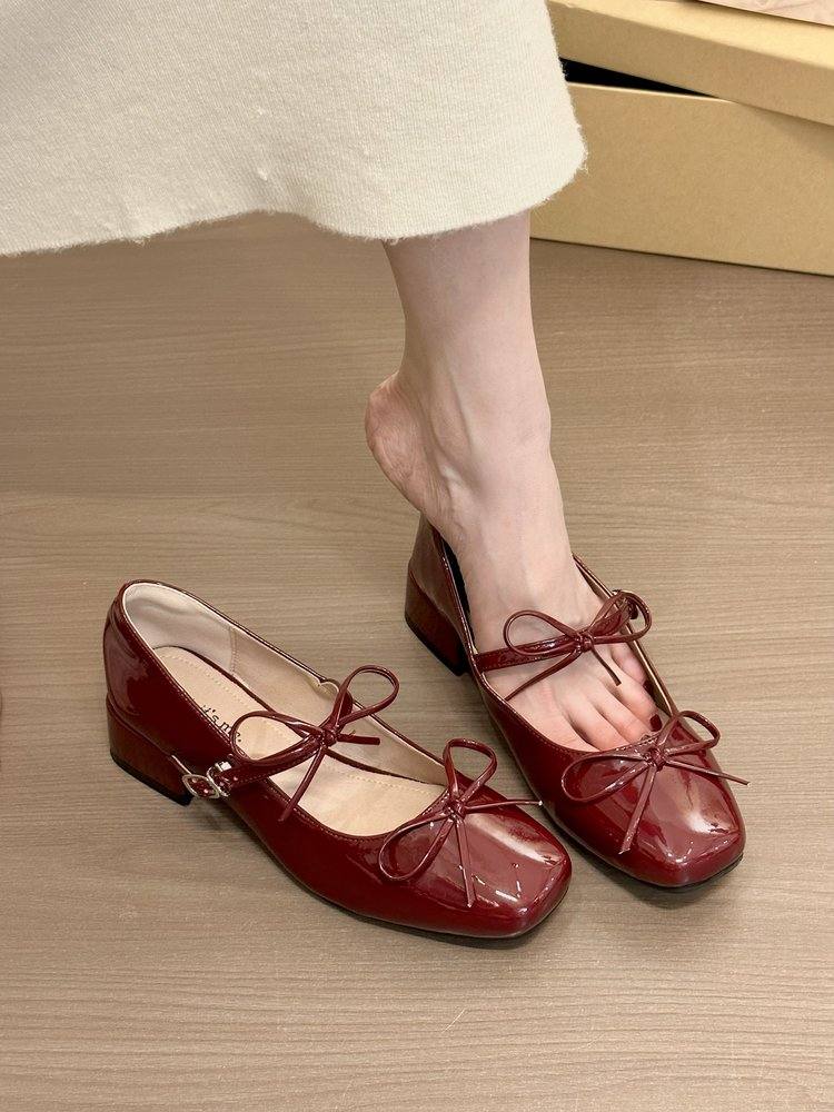 French Elegant Bow Block Heel Square Toe Mary Jane Shoes, New Women Red Evening Flats Match Dresses