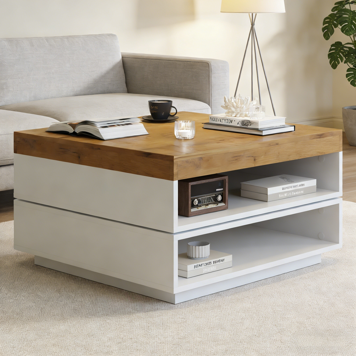 65X65X40cm Coffee Table, Square 360degree  Swivel, Coffee Table With LED Lights And Outdoor Storage Area, Living Room Table, Coffee Table, Side Table, Suitable For Small Room, White - Wood Tone