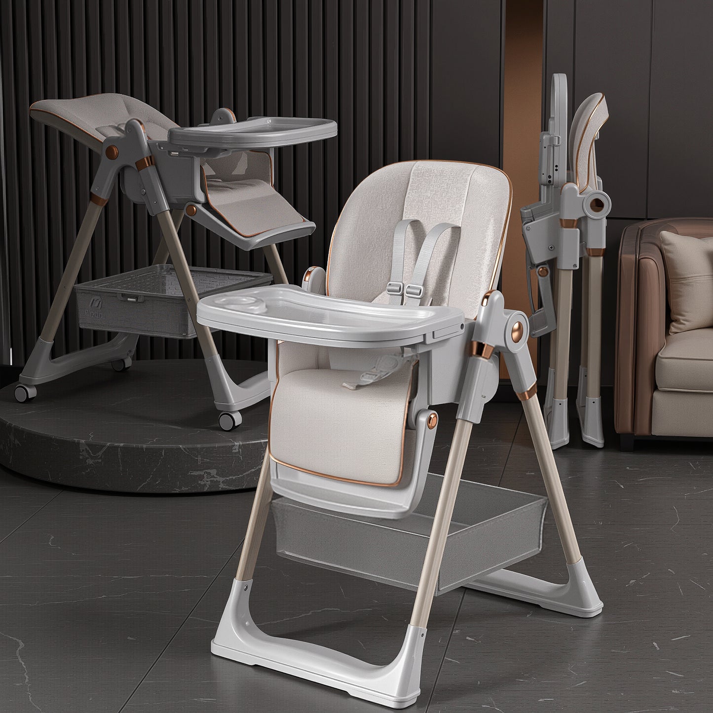 Adjustable Baby High Chair 0-6 Years  Portable Infant Feeding Seat With Safety Belt, Silent Lockable Wheels & Easy-Clean Design For Home, Dining, Living Room, Bedroom  White