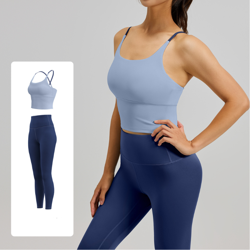 Women's Two-Piece Sports Fitness Outfit With Camisole Top & Long Pants, Color Block Shockproof Yoga Wear For Indoor Training