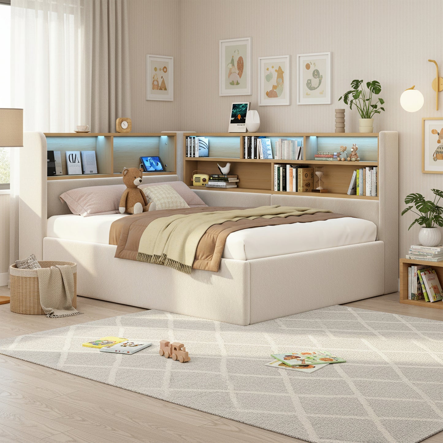 Daybed, L-shaped Upholstered With Storage Compartment, Sofa Bed With Storage, LED, USB Charging Port, 3FT Single Bed 90x190cm, Hydraulic Storage Bed Frame, Velvet, Beige