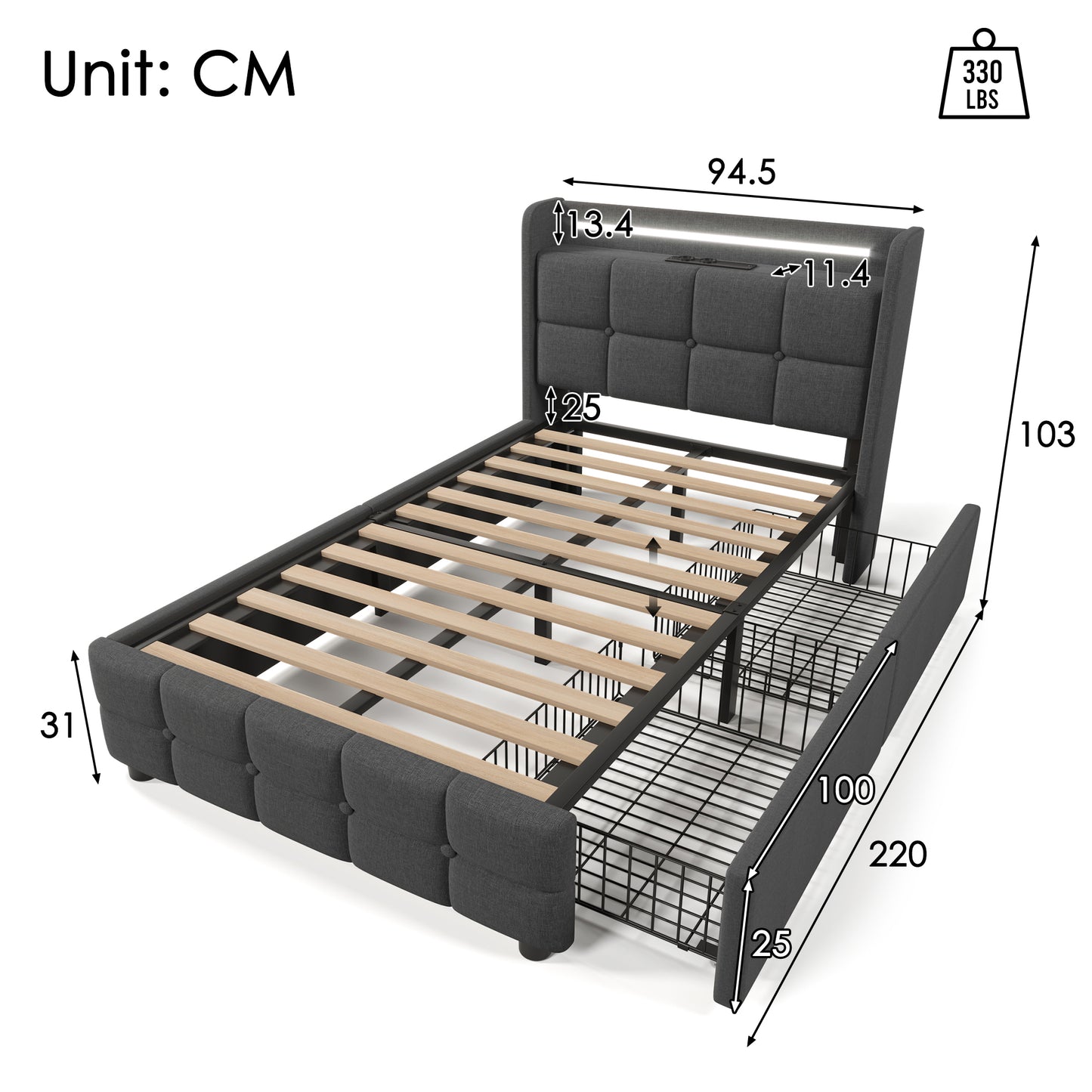 Upholstered Bed With Charging, USB Charging Function, Headboard And LED Lighting And 2 Drawers, Single Bed 90x200cm, Storage Beds, Bed Frame, Wooden Slatted Base, Grey  Without Mattress