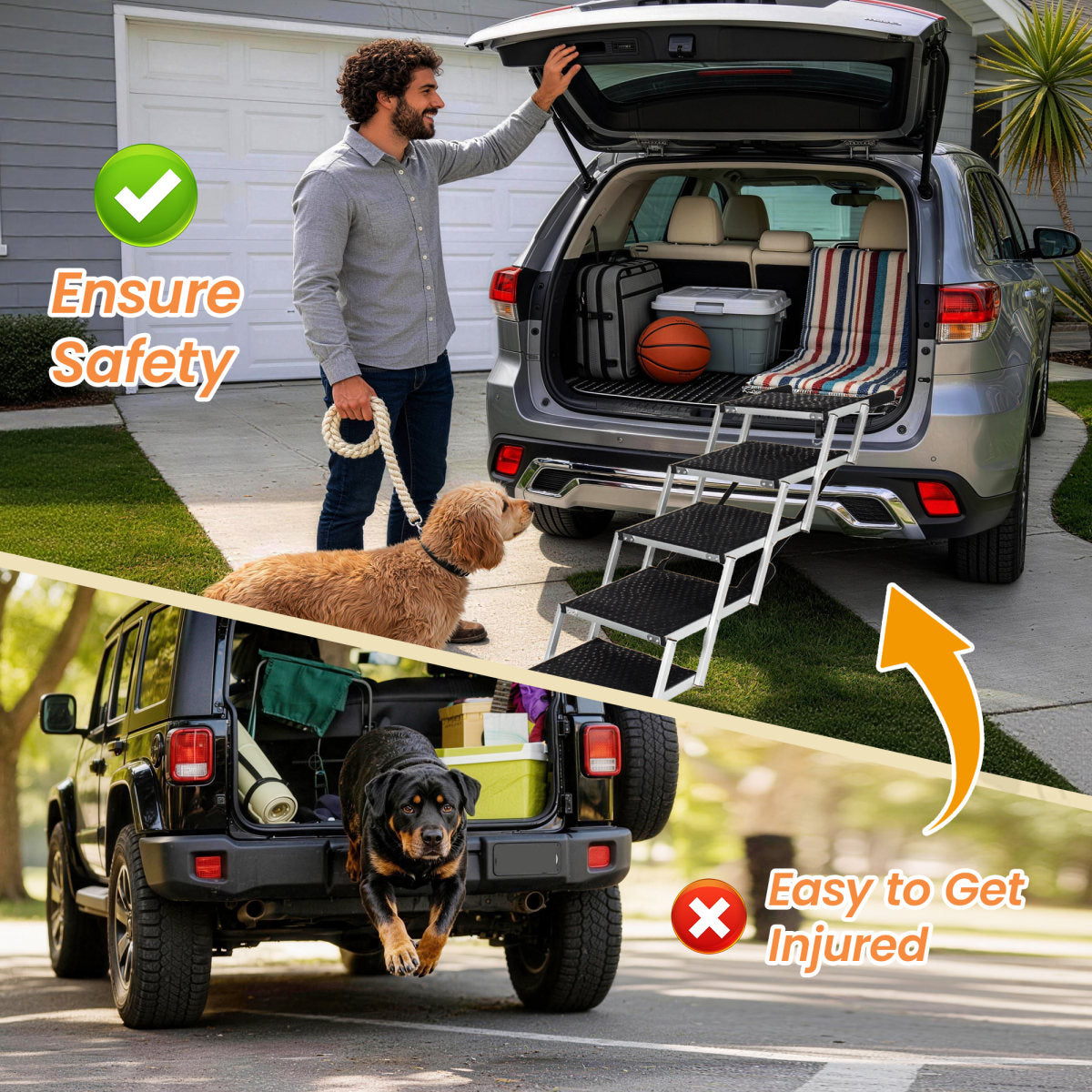 Aluminum Frame Foldable Dog Stairs, 5 Steps Heavy Duty Pet Ramp With Non Slip Surface And Soft Foam Handle, Dogs Stairs For Cars, High Beds, Truck, Supports Up To 250 Lbs