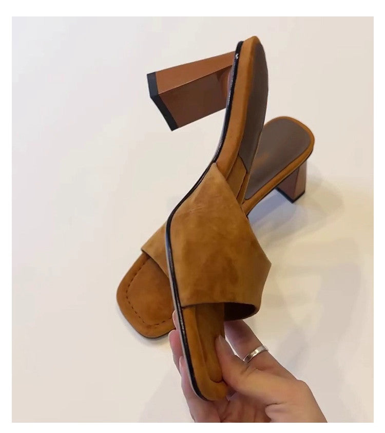 Elevated Version French Open Square Toe High Heel Slides For Women, Simple Slip-On Block Heel All-Match One-Strap Summer Outdoor Sandals