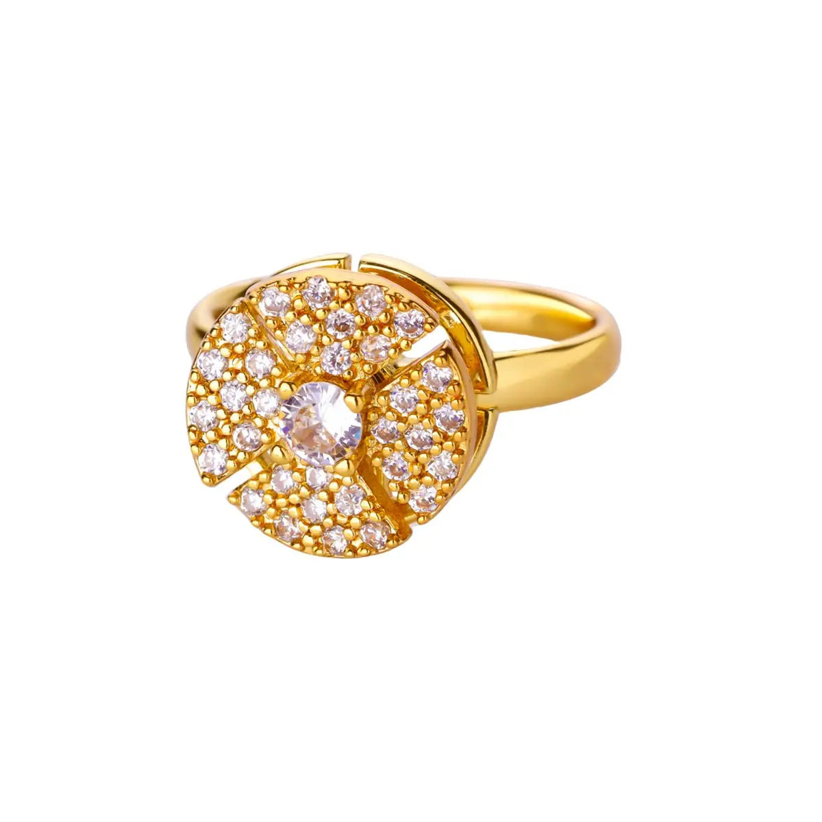 18K Gold Plated Anti-anxiety Ring Rotatable Full Gem Flower Finger Decor