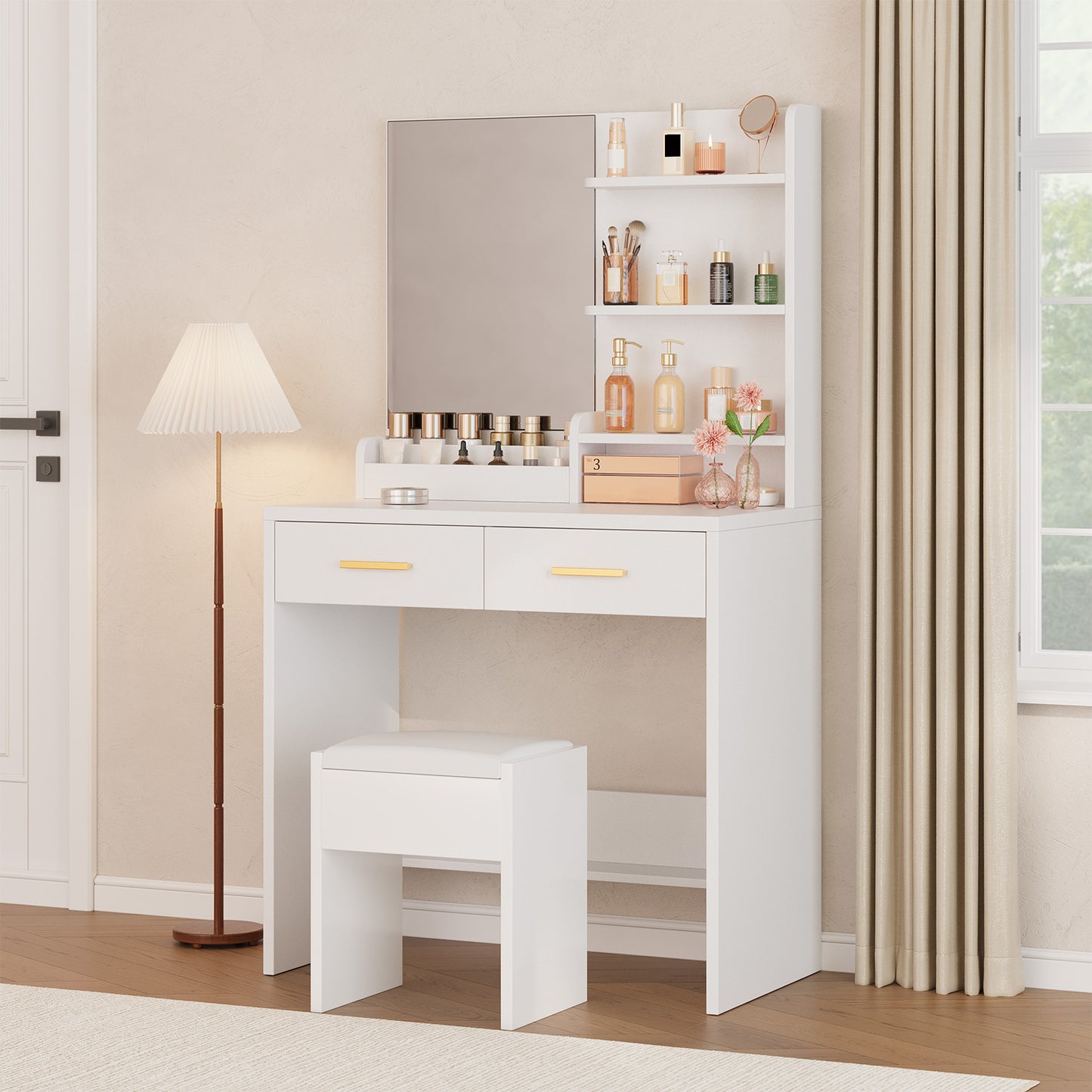 Vanity Table With Mirror 2 Drawers 3 Open Shelves Elegant White Makeup Desk For Bedroom Dorm Apartment