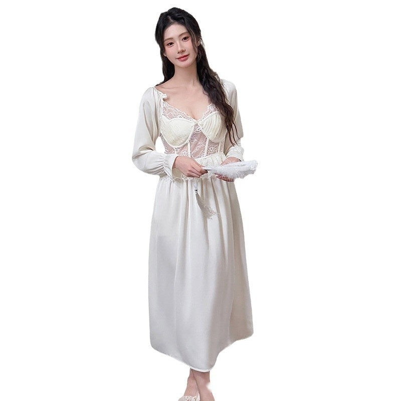 French Royal Style Sweet Beauty Artificial Silk Spring And Summer With Chest Pad Solid Color Long Sleeve Nightdress
