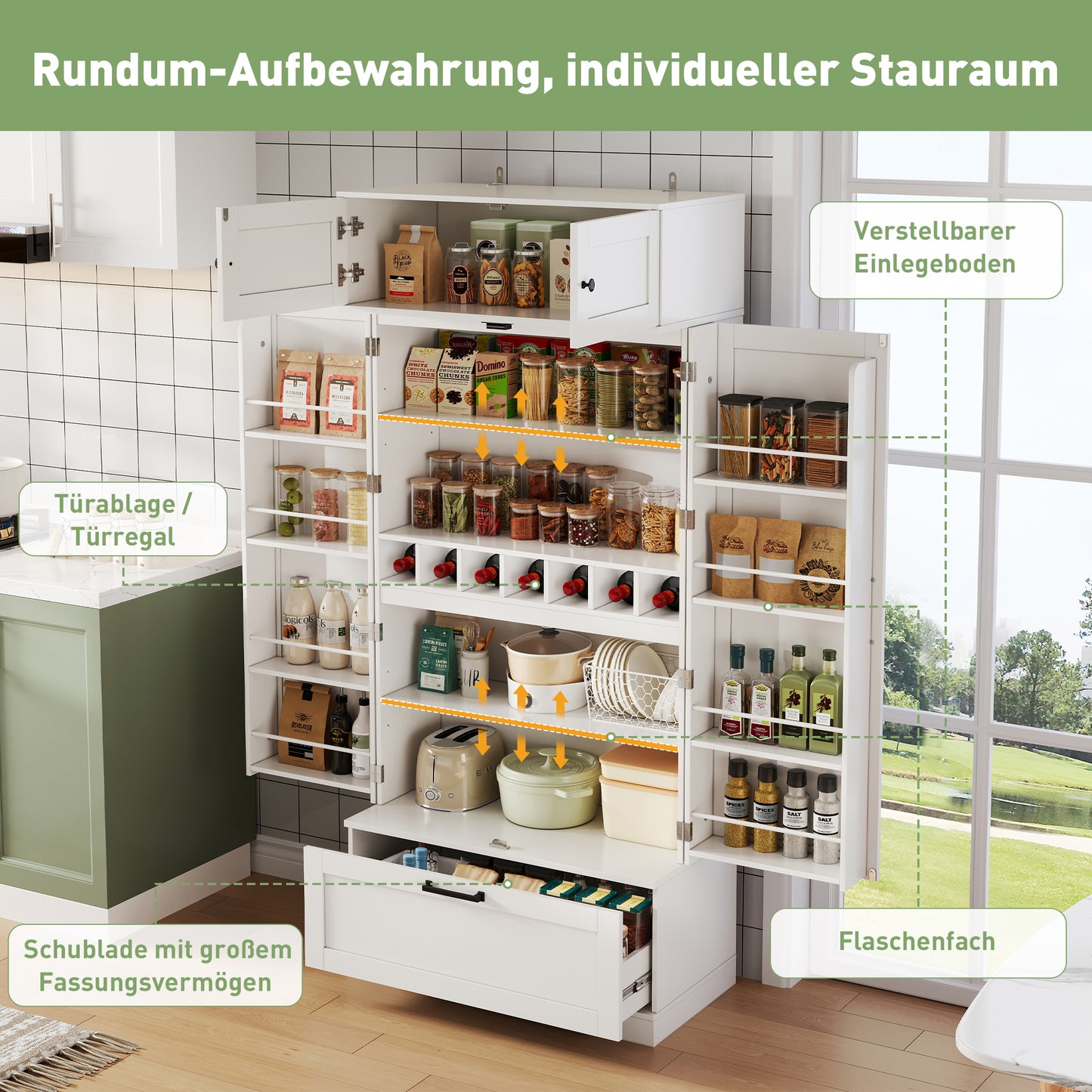 80x40x180cm Freestanding Kitchen Storage Cabinet With Adjustable Shelves, Drawers, Wine Rack And Doors With Shelves. Suitable For Dining Room And Living Areas.