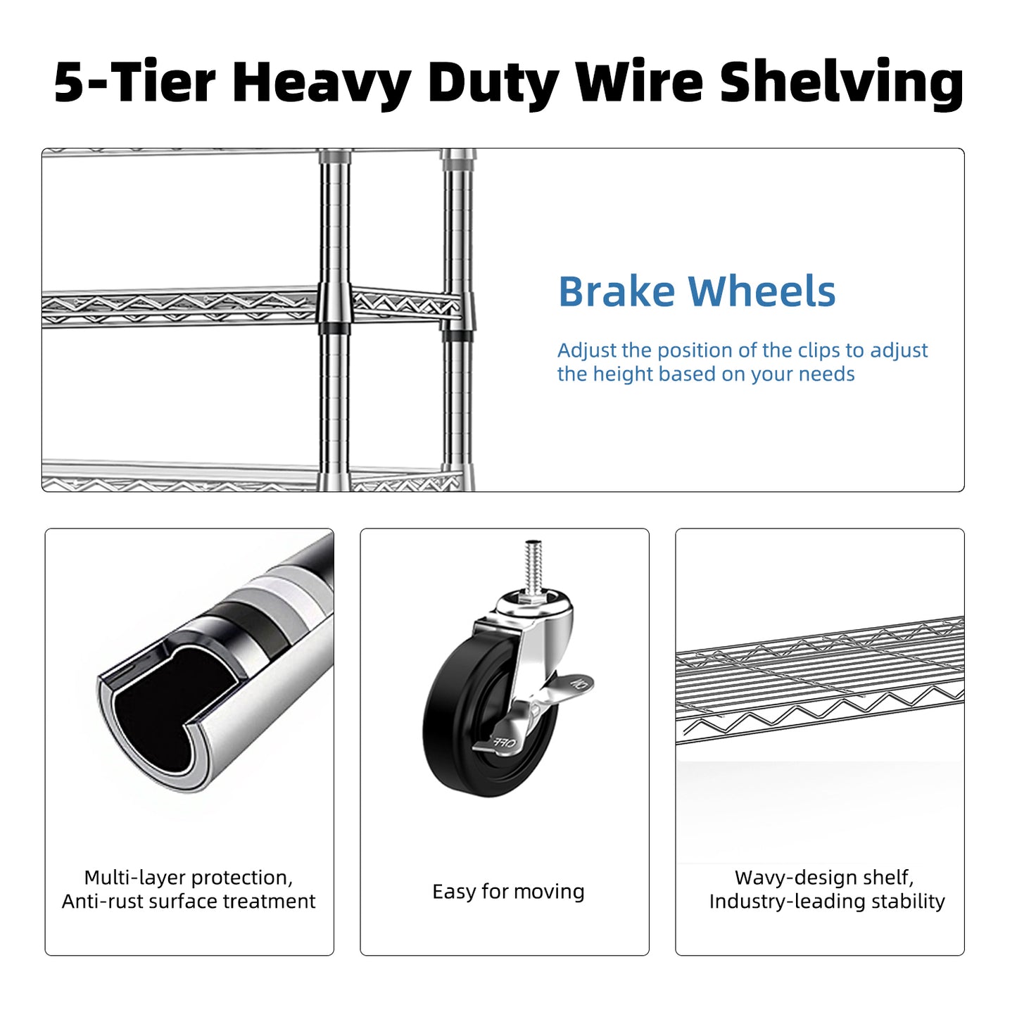 5-Shelf Storage Shelves,Wire Shelving Heavy Duty Metal Storage Shelving Unit Adjustable Garage Shelving Rack Pantry Kitchen  Chrome, 5 Tier,17.7  D X 47.2  W X 75.6  H