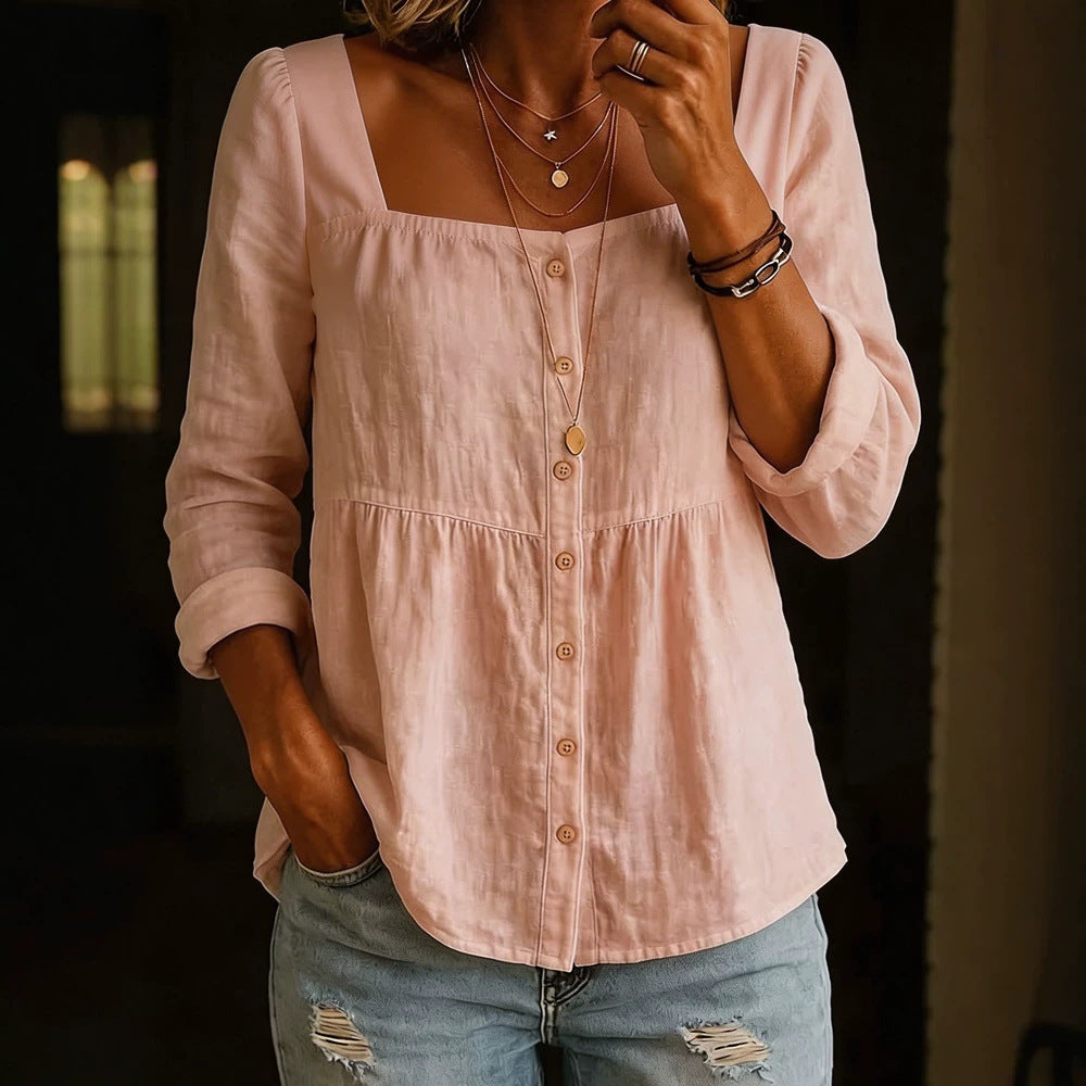 Womens Fashion Solid-color Long-sleeve Square-neck Button-up Shirt