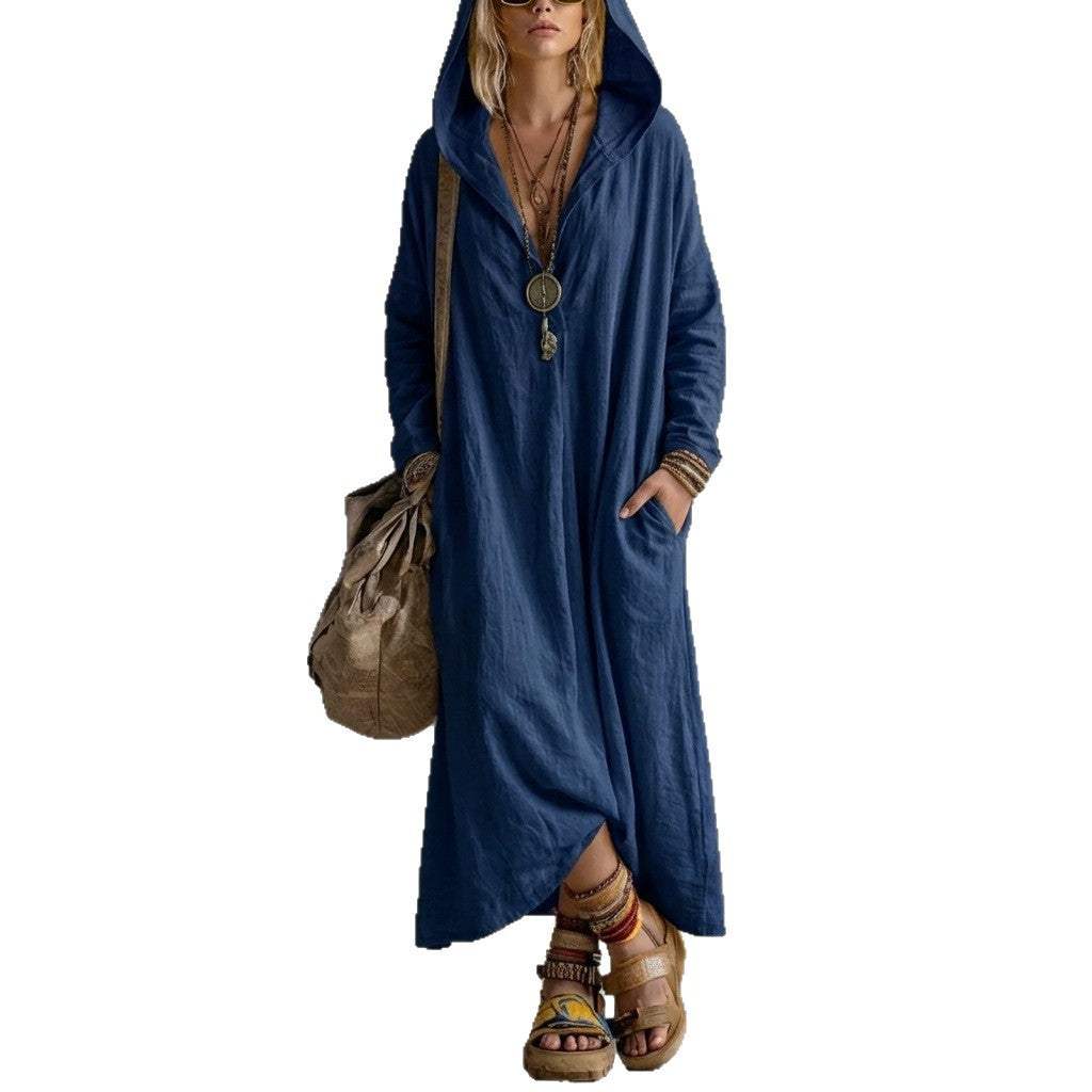 Autumn New Hooded Linen Long Dress With Long Sleeves