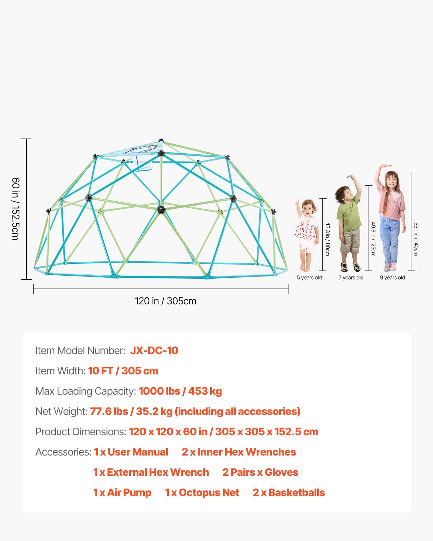 Climbing Dome, 10FT Geometric Dome Climber For Kids, 1000LBS Loading Jungle Gym Playground With Octopus Net & 2 Basketballs, Easy-Assembly Outdoor Backyard Climbing Toys - Gift For Boys Girls