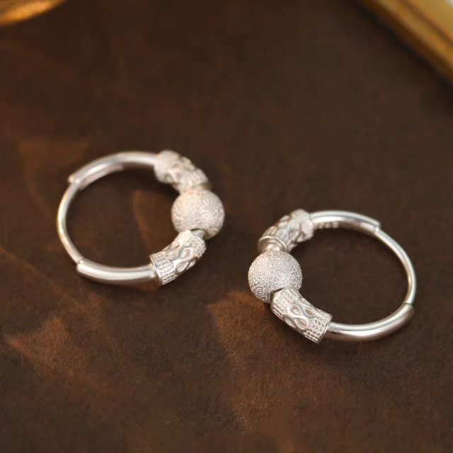 1 Pair 999 Sterling Silver Matte Bead Hoop Earrings, Retro Lucky Style, Perfect For Daily Wear And Valentine's Gift