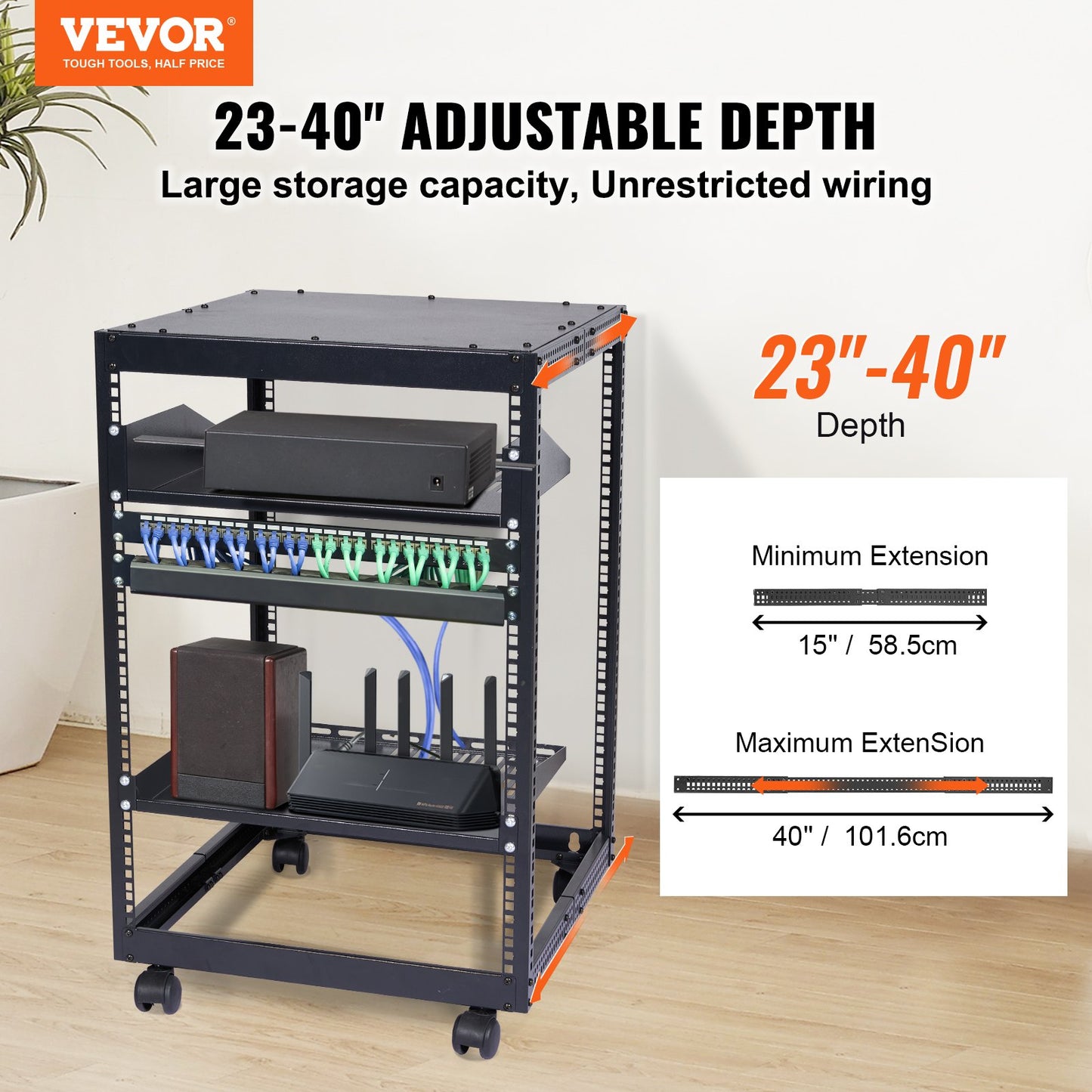 15U Open Frame Server Rack, 23''-40'' Adjustable Depth, Free Standing Or Wall Mount Network Server Rack, 4 Post AV Rack With Casters, Holds All Your Networking IT Equipment AV Gear Router Modem