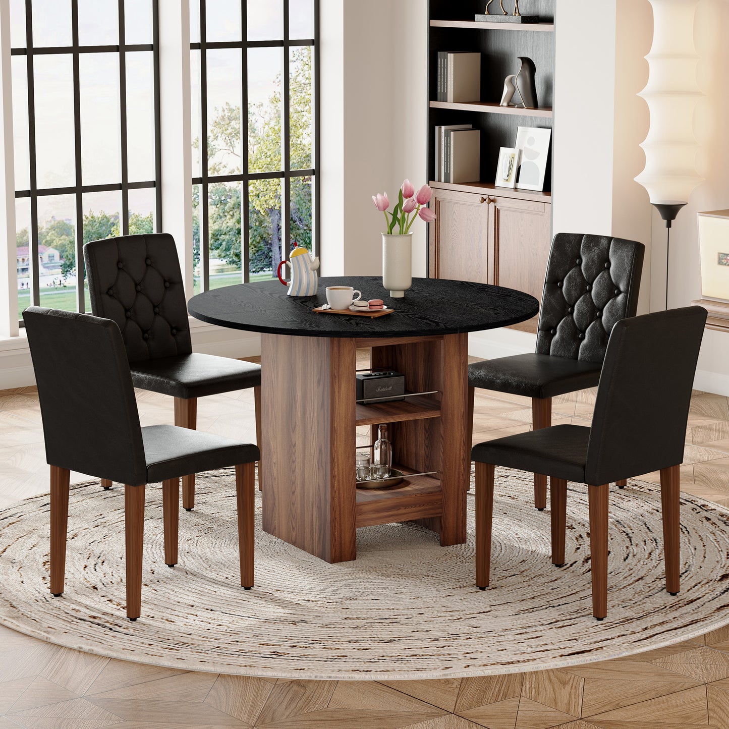 Table And Chair Set. 42 Inch Round MDF Black Dining Table With Double-layer Storage Shelves. Paired With 4 Black PU Chairs With Decorative Buckle Design On The Backrest.For Dining Room,Kitchen,etc.