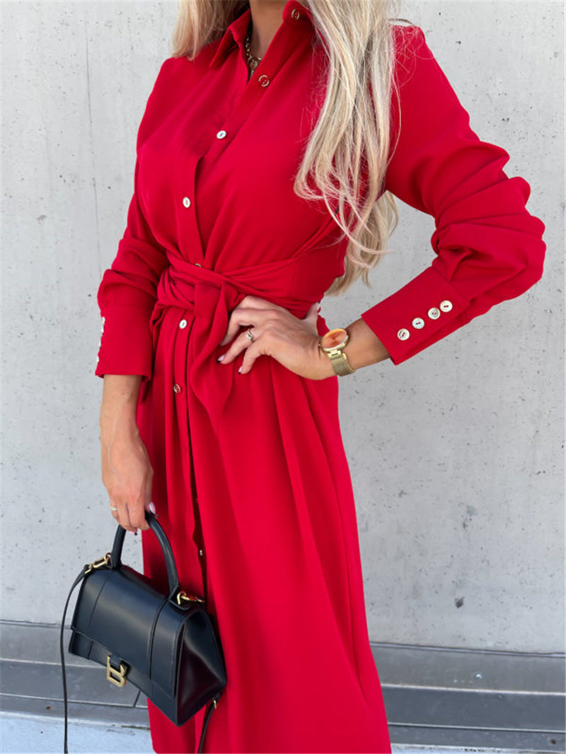 Women's Elegant Lapel Collar Long Sleeve Button Down Belted Shirt Dress, Casual Maxi Dresses With Slit For Office & Daily Wear