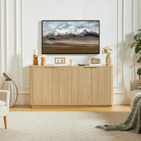 Sideboard Cabinet 160 Cm, Vertical Stripes, Curved Waveform Design, With Storage Space, TV Base Cabinet, For Bedroom, Living Room, Hallway, 160x80x40 Cm, Oak Decor