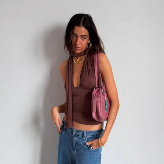 Dark Brown V-neck Halter Topvest With Multiple Styling Options