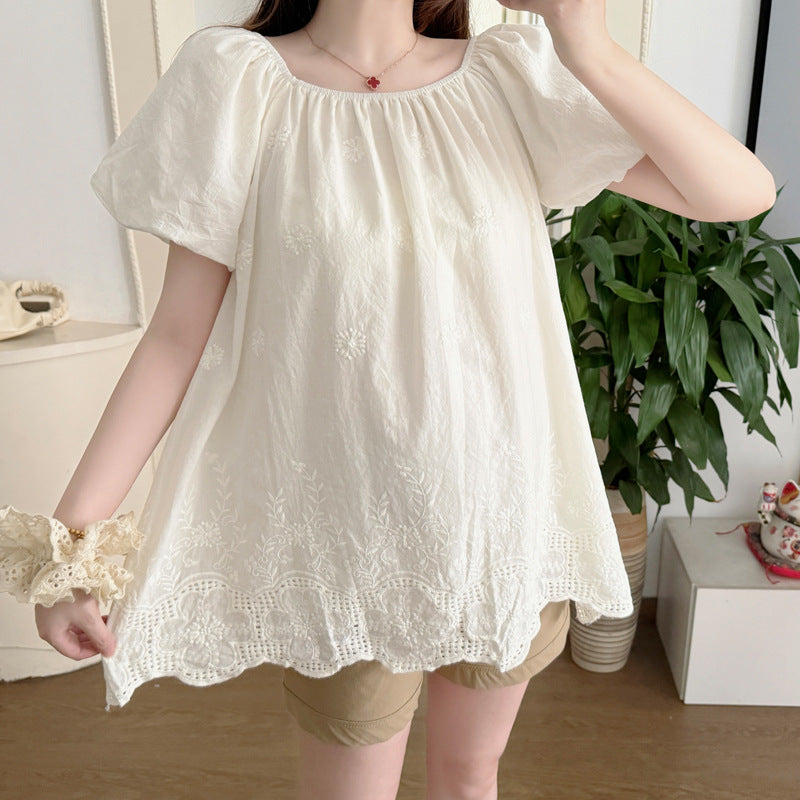 Womens Korean-style Off-shoulder Embroidered Trim Top