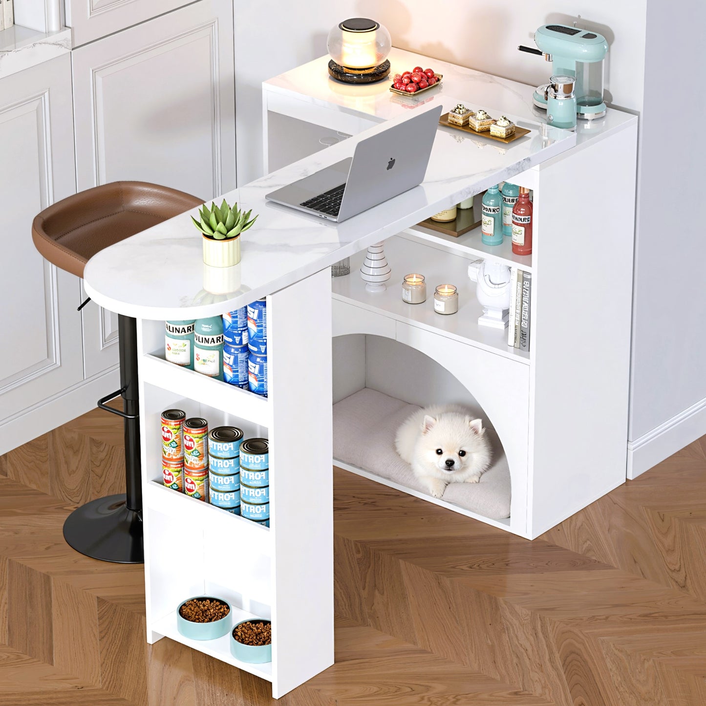 Modern Extendable Counter Table & Dining Table, Swivel High Small Counter Table  With Pet Area, Without Pet Food Plate & Pet Cushion, White, Marble Look Table Top, 120-80x40x100 Cm