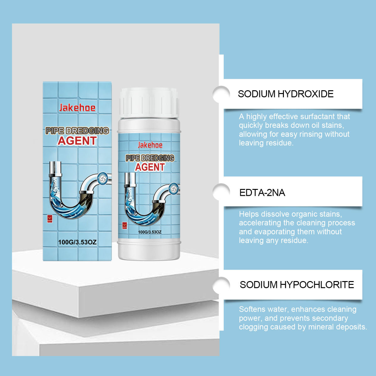 JAKEHOE Drain Cleaner For Household Kitchen And Bathroom Drains, Removes Stains And Scale, Decomposes Debris And Cleans