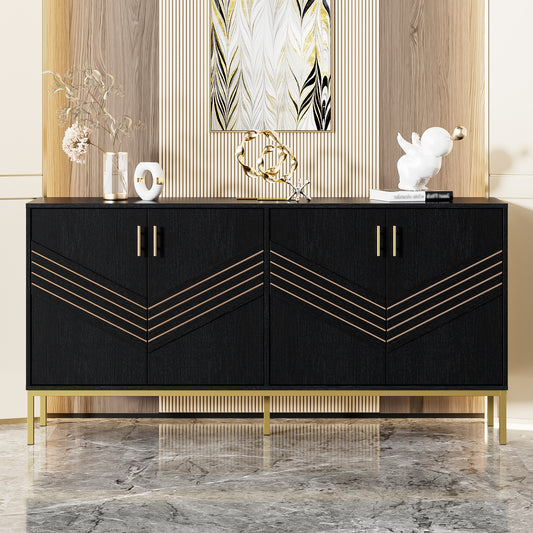 Modern Sideboard With 4 Doors  Stylish Design In Black And Gold, MDF Body With Metal Legs, Large Capacity, Height-adjustable Shelves  For Living Room, Dining Room & Hallway