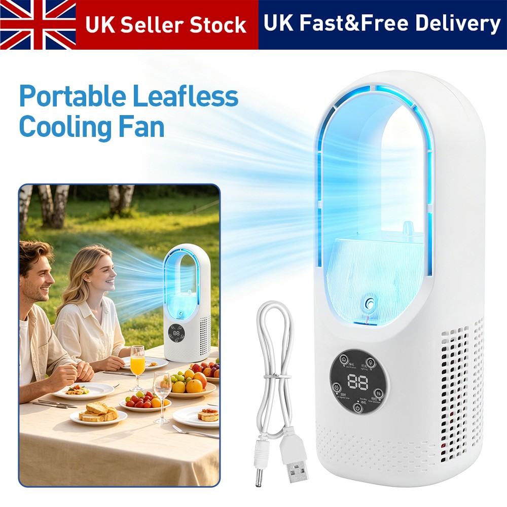 Portable Bladeless Air Cooler Fan   6 Speed Silent Desk Fan With Humidifier, Timer & Colourful Lights, USB Mini Air Conditioner