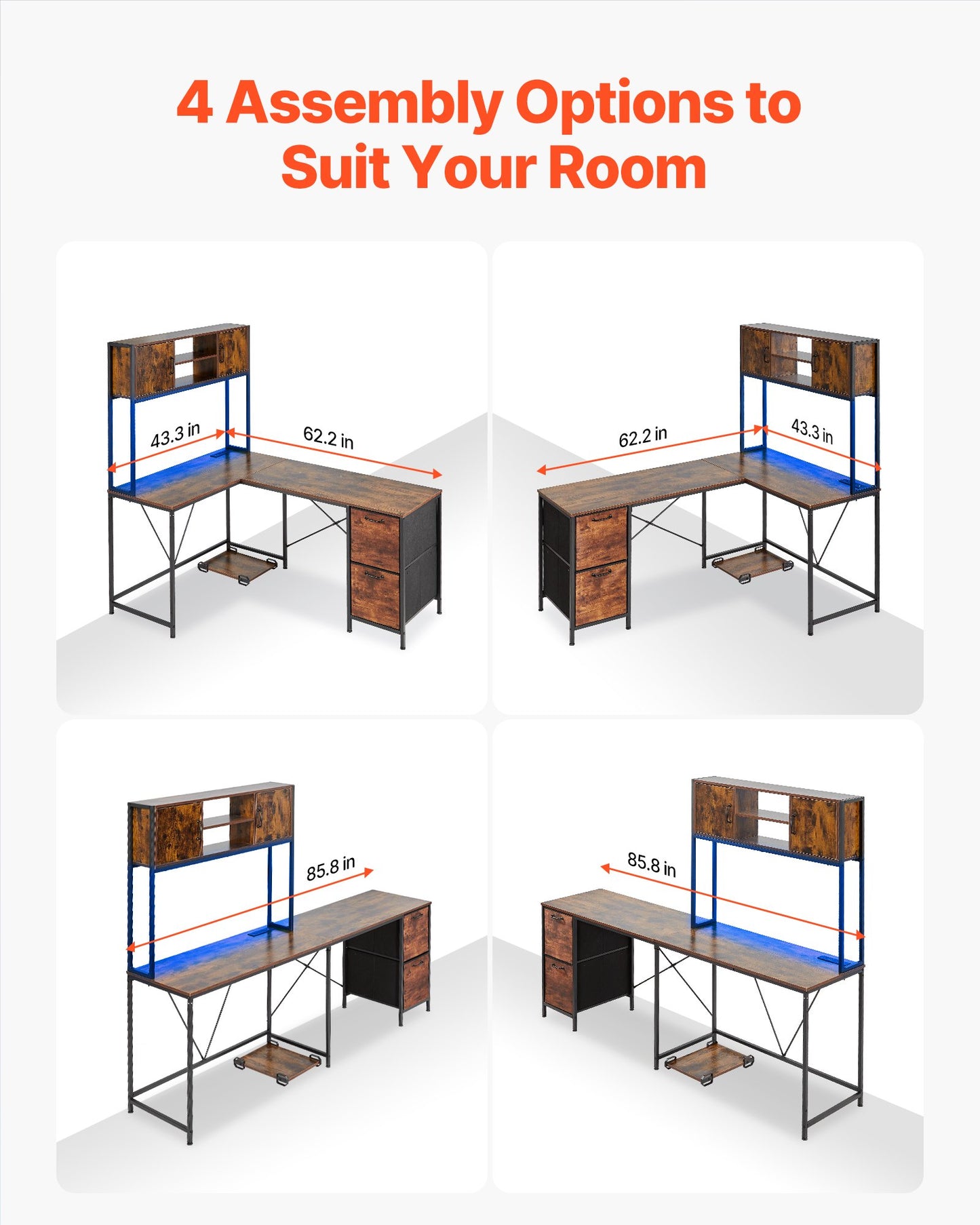 L-Shaped Gaming Desk With LED Lights, 62.2-inch Reversible Corner Computer Desk With Power Outlets, Movable CPU Stand & Storage Drawers, Modern Stylish PC Gaming Table For Home Office