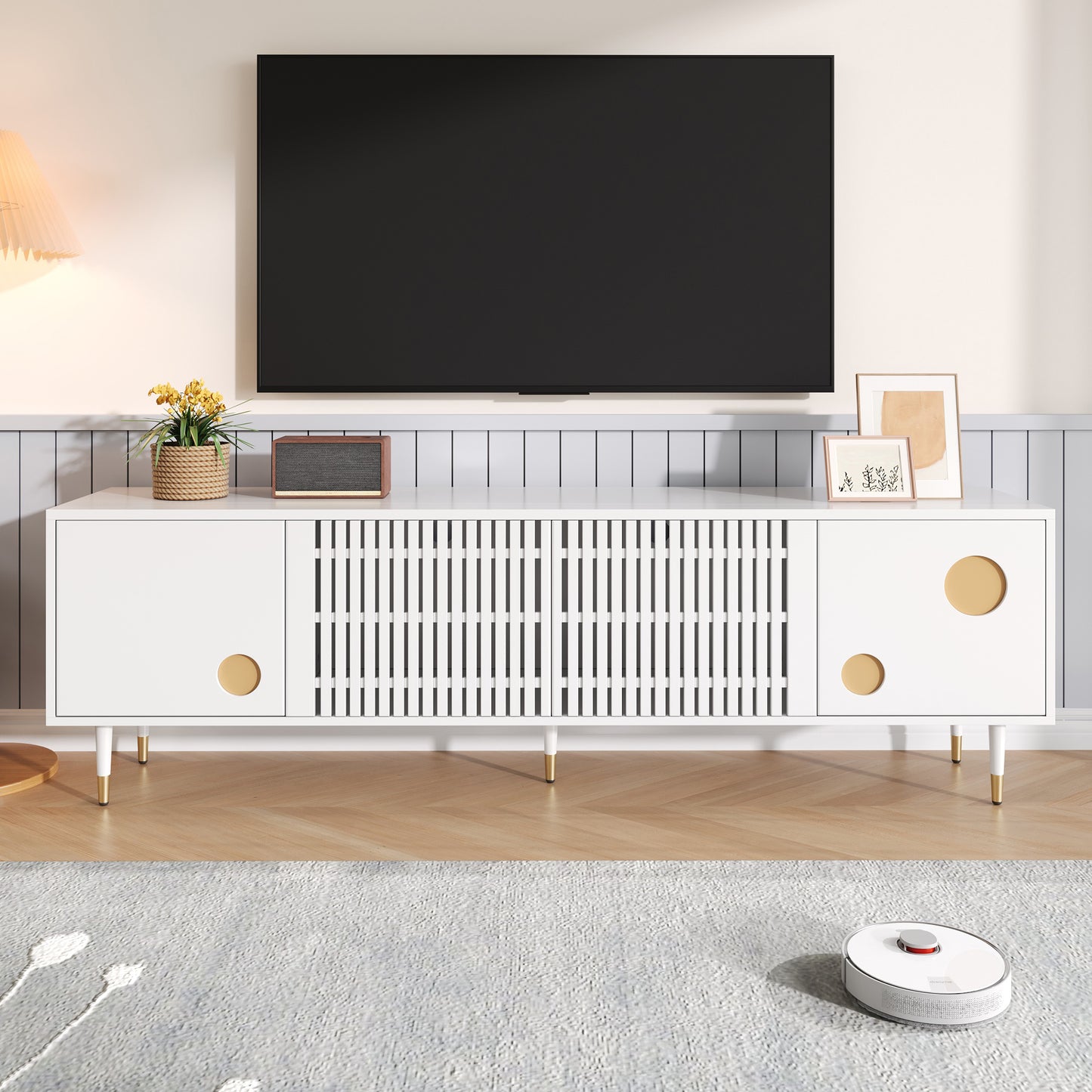 TV Cabinet, TV Stand With Lattice Structure, Hidden Handles, Gold Decor. Living Room Furniture. Two Solid Wood Doors