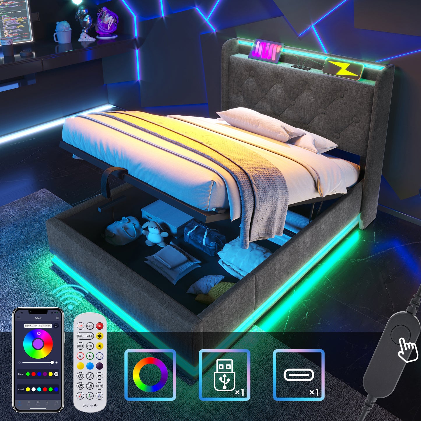 Upholstered Bed Single Bed,360 Surround LED Function, Push Button App Remote Control,90x200Cm, Gray Linen Material Hydraulic Storage Bed, Upholstered Headboard With USB Type-C Charging Function