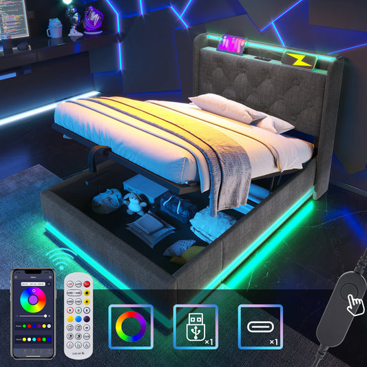 Upholstered Bed Single Bed,360 Surround LED Function, Push Button App Remote Control,90x200Cm, Gray Linen Material Hydraulic Storage Bed, Upholstered Headboard With USB Type-C Charging Function