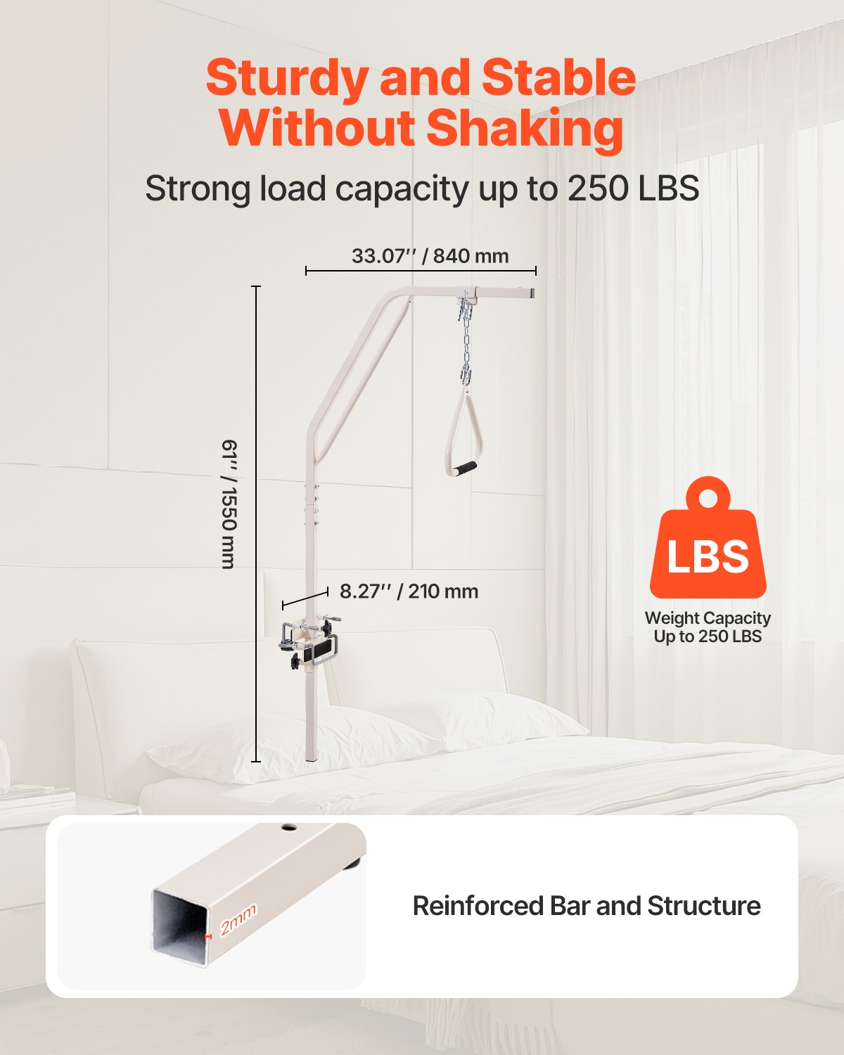 Trapeze Bar For Bed Mobility, Medical Bed Trapeze With Clamps & Metal Chain, 250LBS Weight Capacity Bed Pull Up Assist For Elderly & Disabled, Ideal For Home Care, Hospitals, Nursing Homes